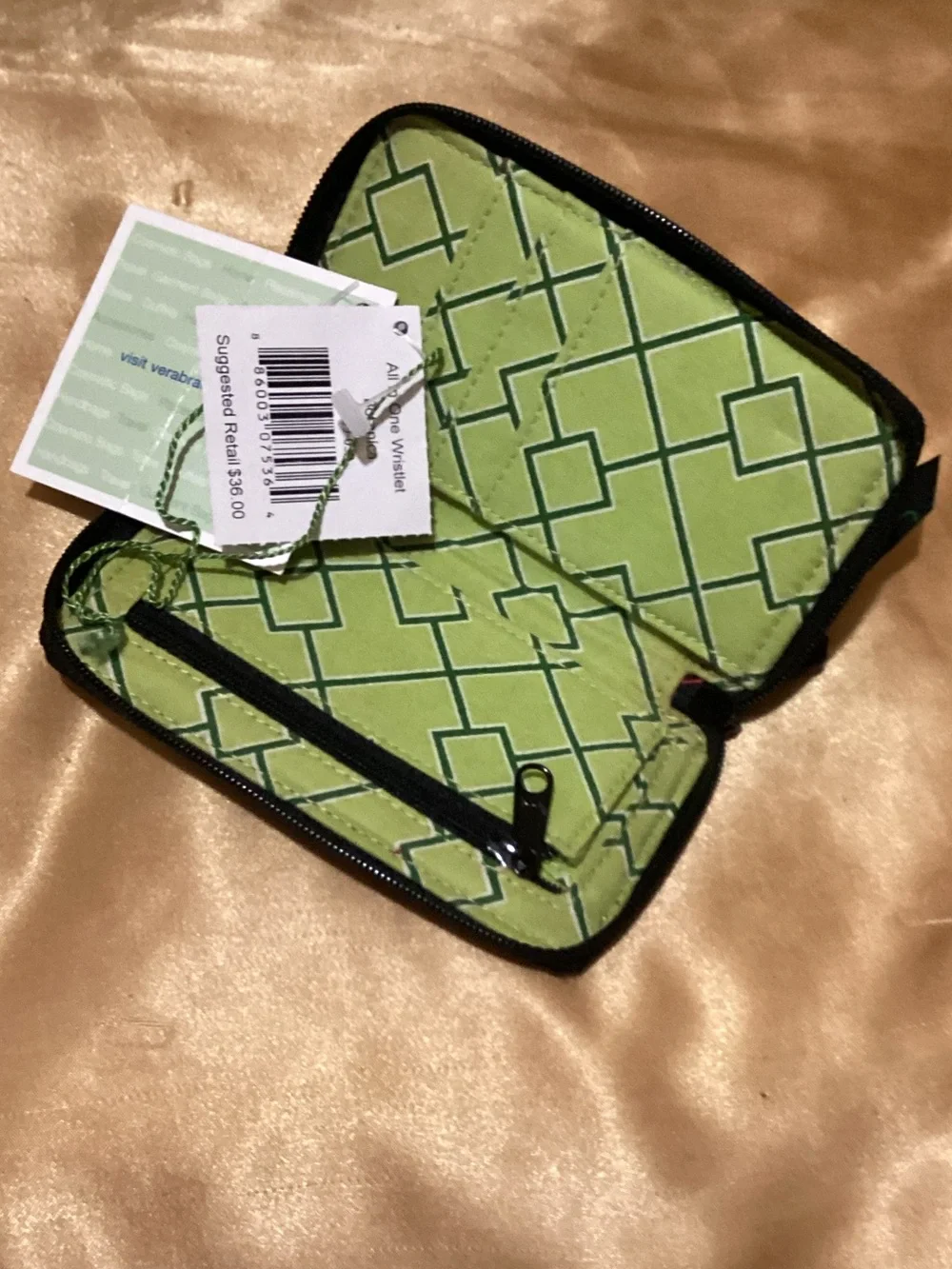 Vera Bradley Black Floral Wristlet Phone Wallet with Green & Pink Leaves